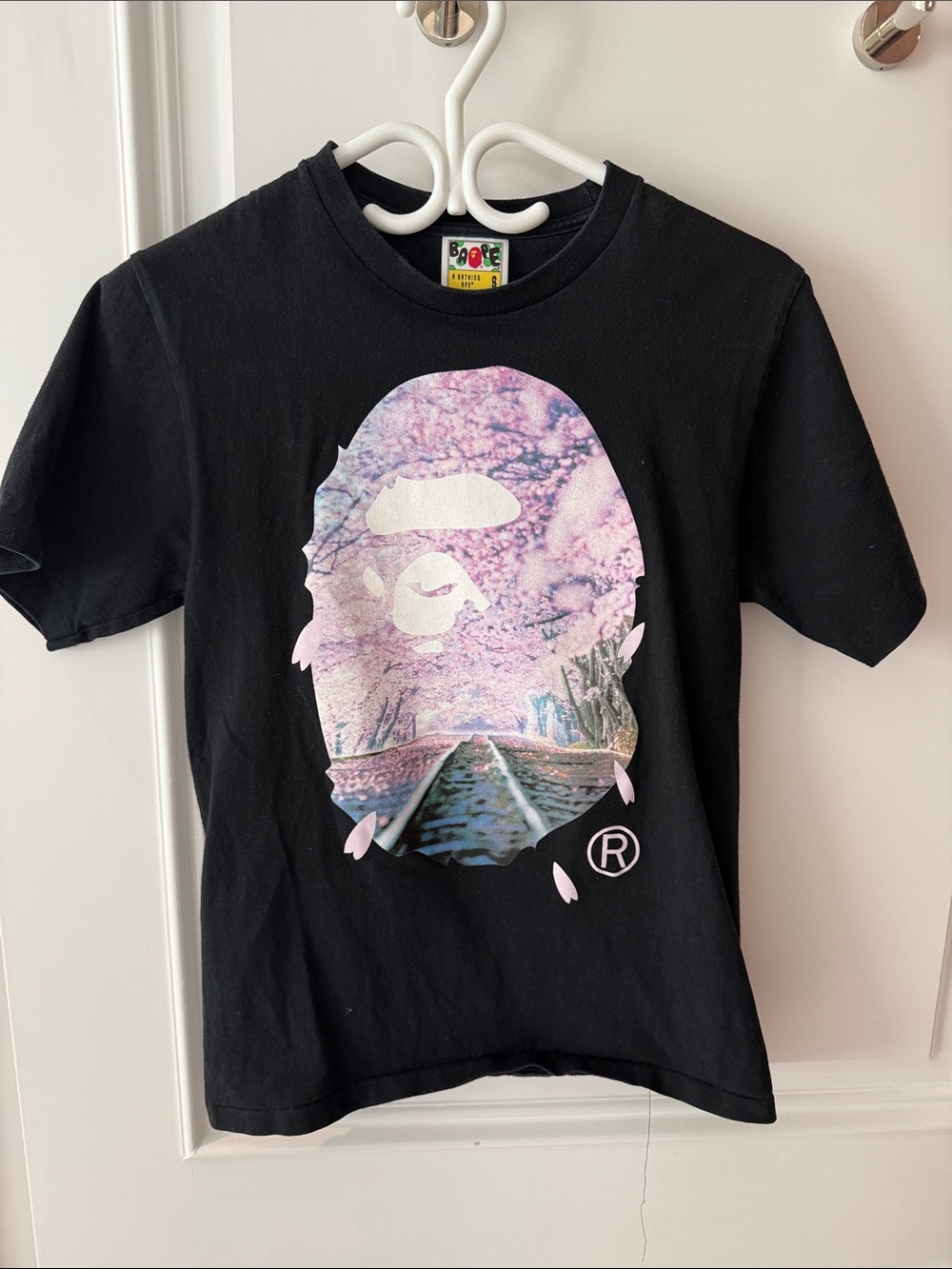 Bape Black Tee with Pink Cherry Blossom Ape Graphic